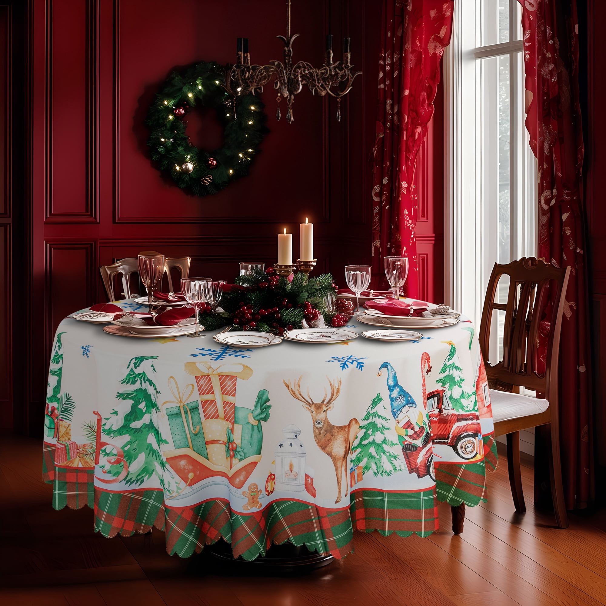 RAY STAR Polyester Christmas Tablecloth 60 inch Round Machine Washable Table Cloths, Thick Can not See Through Heavy Duty Tablecloth
