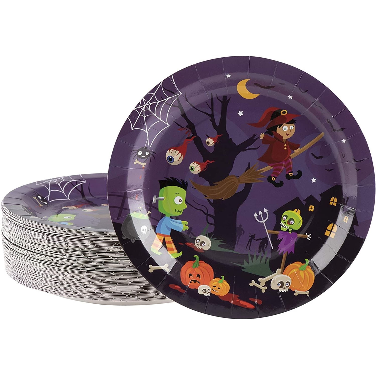 80 Pack Witches & Monsters Paper Plates 9 inch for Spooky Halloween Party Supplies Decorations