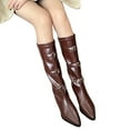 thumbnail image 4 of Women's Faux Leather Knee High Flat Slouch Boots Knee High Boots Pointed Toe Chunky Mid Heel Western Cowboy Boots for Women Wide Calf Riding Boot, 4 of 4