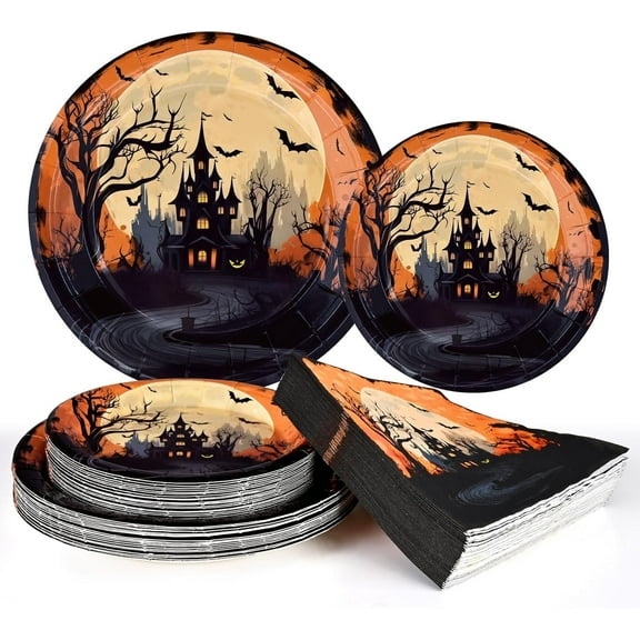 DAZLUTE 200 PCS Halloween Paper Plates and Napkins Disposable Dinnerware Set Halloween Party Supplies