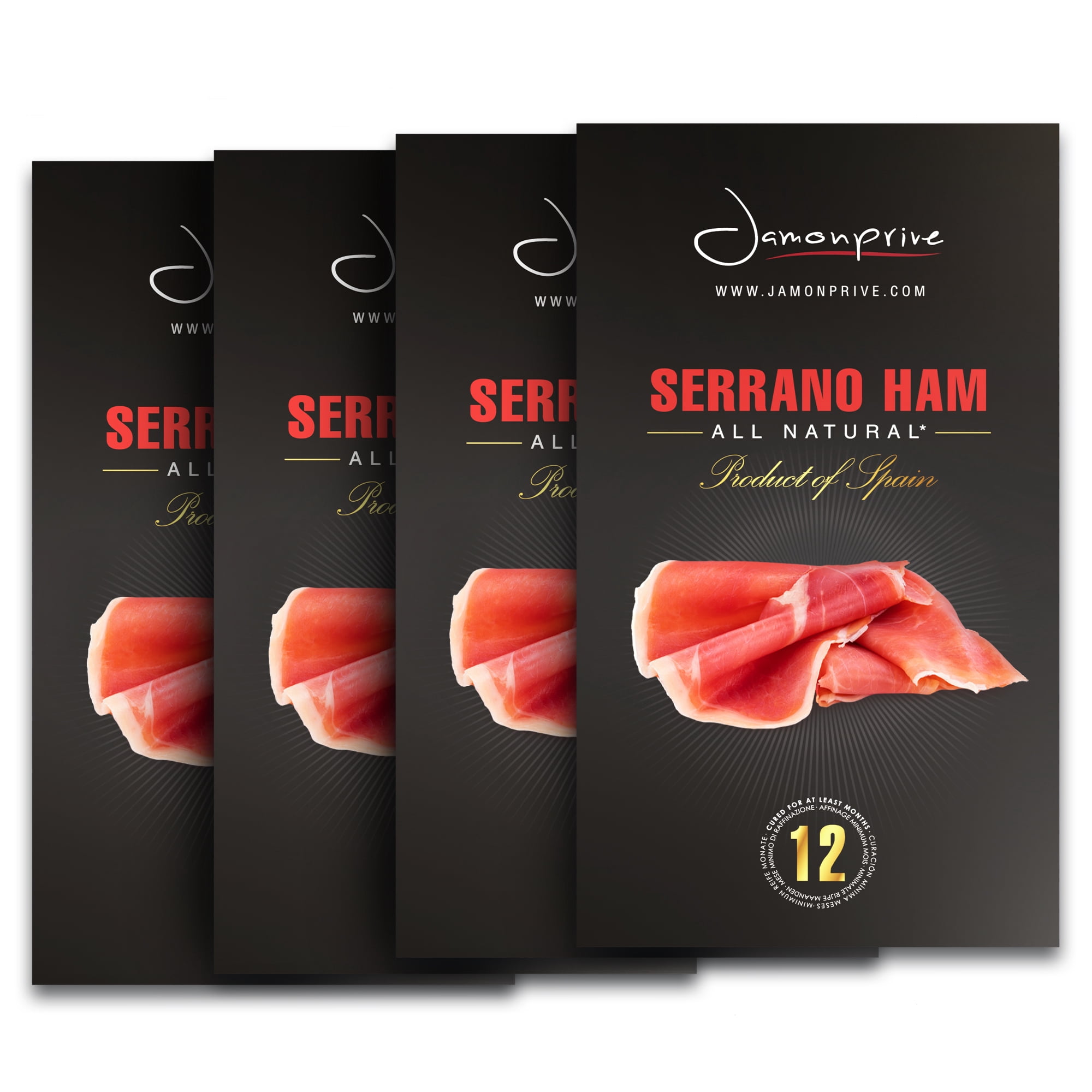 Spanish Serrano Ham Sliced Dry-Cured (12oz) -  Gluten Free (3 oz Each, Pack of 4 Units) - Jamonprive