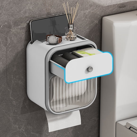 Portarrollos de papel higiénico de pared con espacio de almacenamiento | Montaje adhesivo sin taladro | Tapa de plástico gris para caja de pañuelos de baño, cocina y sala de estar | 1 pieza
