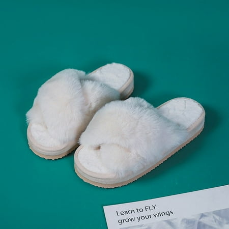 

CoCopeanut BEVERGREEN Winter Luxury Women Fur Slippers 2021 Open Toe Cross Band House Girls Fluffy Slides 3cm Heel Ladies Platform Shoes
