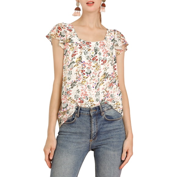 INSPIRE CHIC Valentine's Day Women's Floral Blouse Summer Casual Square Neck Chiffon Short Sleeve Ruffle Shirts S White