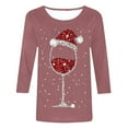 thumbnail image 3 of T-shirt Décontracté à Manches Trois-Quarts Col Rond Imprimé Verre de Vin Rouge de Noël pour Femmes, 3 of 4