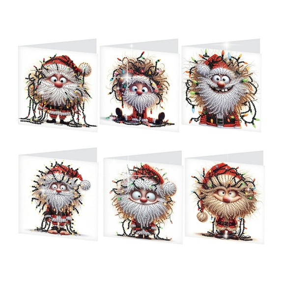 6pcs Diamond Painting Kit Greeting Cards, Whimsical Santa Claus 5D Craft Art Birthday Holiday Gift Cards with Envelopes