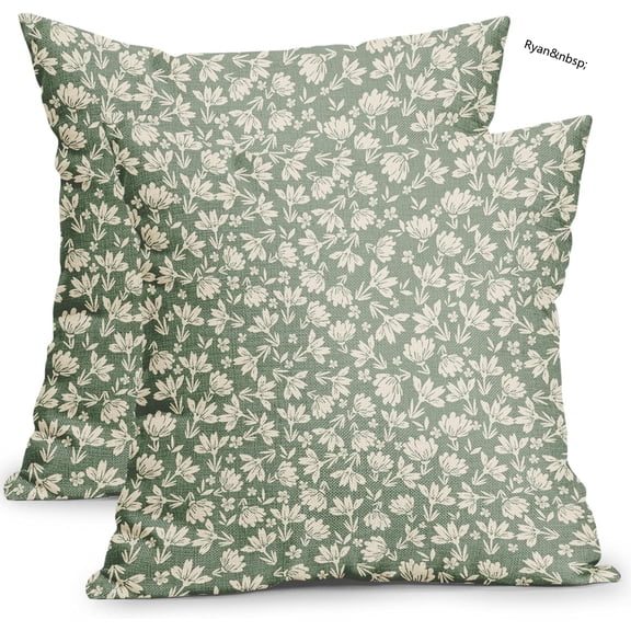 Ryan Sage Green and Cream Floral Pillow Covers 16x16 Inch Set of 2, Vintage Rustic Flower Throw Pillows, Green Small Floral Print Farmhouse Cotton Linen Cushion Cover for Couch