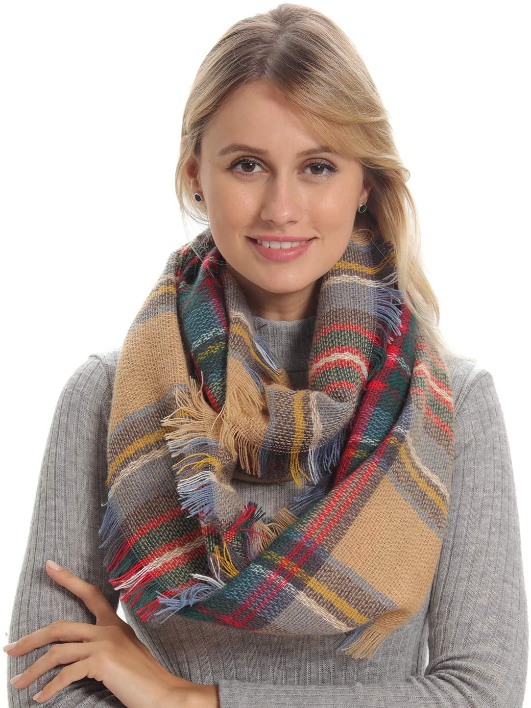 Fuzzy Knit Cashmere Red Buffalo Check Thick Warm Soft Wool Feel Women Plaid Infinity Scarf for Winter Fall