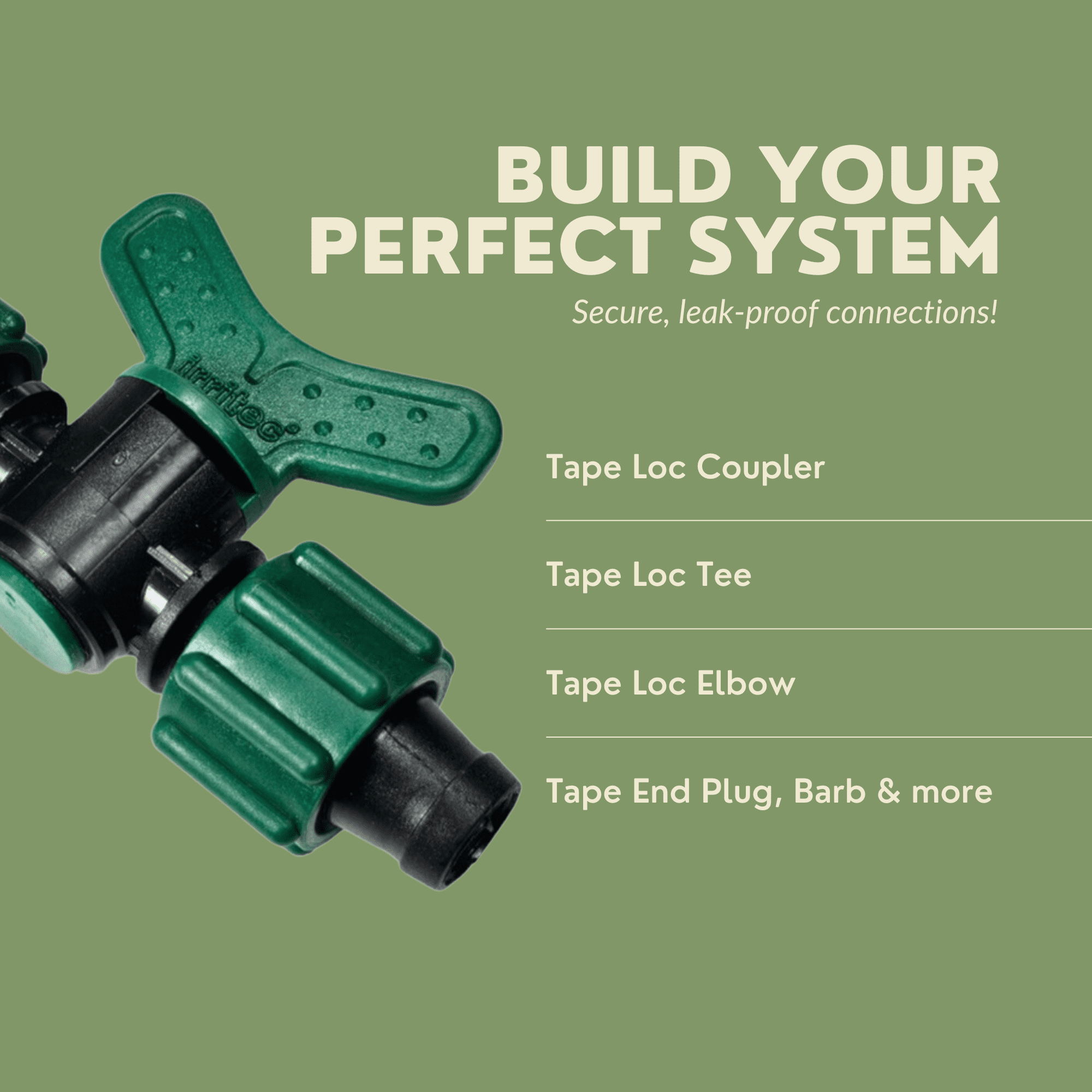 (50 Pack) DripWorks Irritec Tape Loc Fittings for 5/8"" Drip Tape, Couplers, Tees, Elbows, Leak-Free Connection