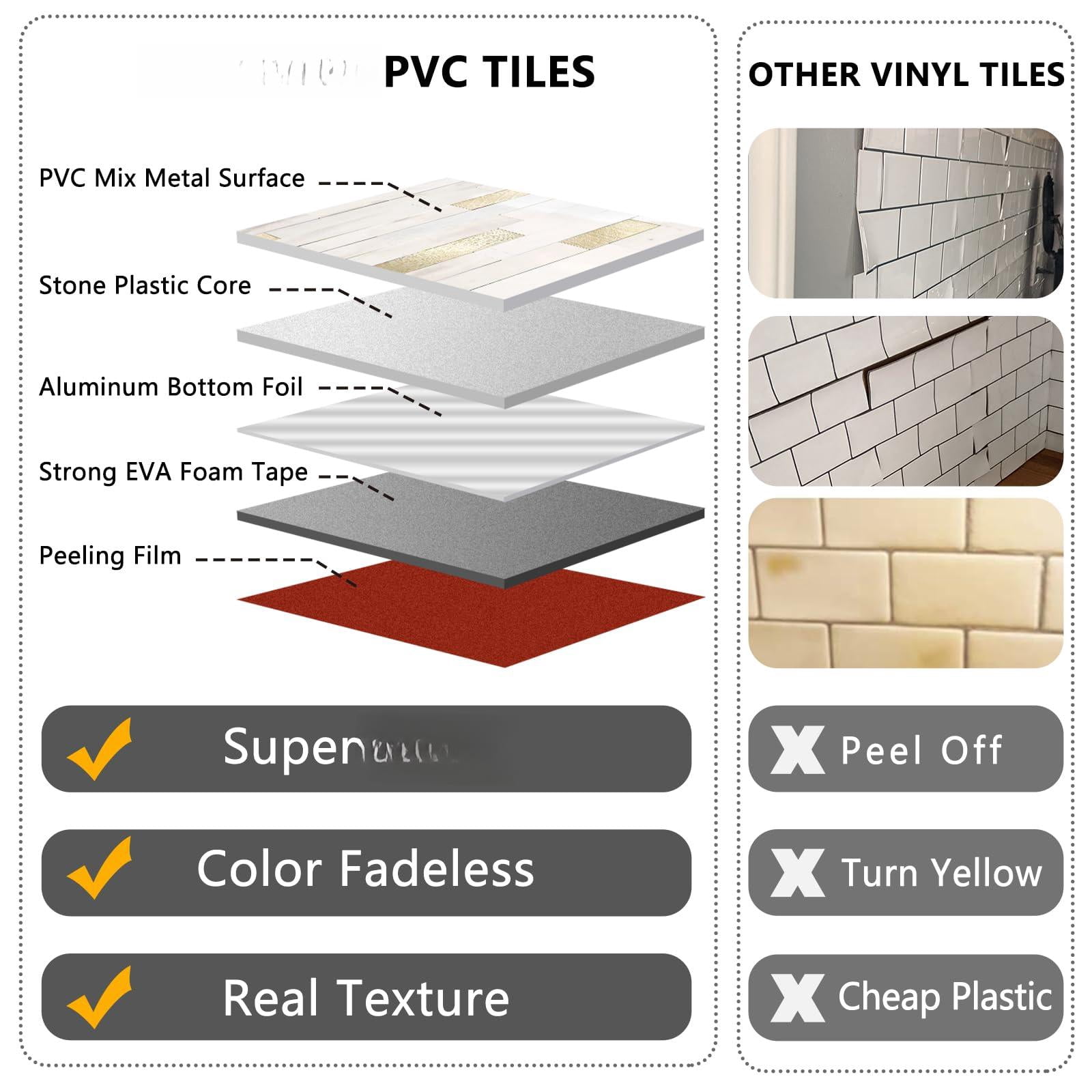 2 Sheets Peel And Stick Backsplash Tile  On For Kitchen Bathroom Glossy Eurasian Wood Grain Pvc Mixed Metal Self Adhesive Wall Tiles