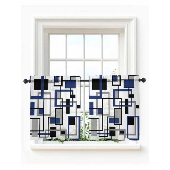 Navy Blue Black Grey Geometric Tier Curtains 36 Inch Length,Sheer Curtains for Bedroom Living Room Window Middle Century Modern Abstract Art Kitchen Curtains Half Window Drapes 27.5"x36" 2 Panels
