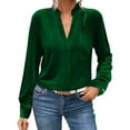 thumbnail image 3 of QATAINLAV Velvet Shirts for Women Dressy Casual Long Sleeve V Neck Blouse Solid Color Ruffle Trim V Neck Holiday Tops, Green, XL, 3 of 9
