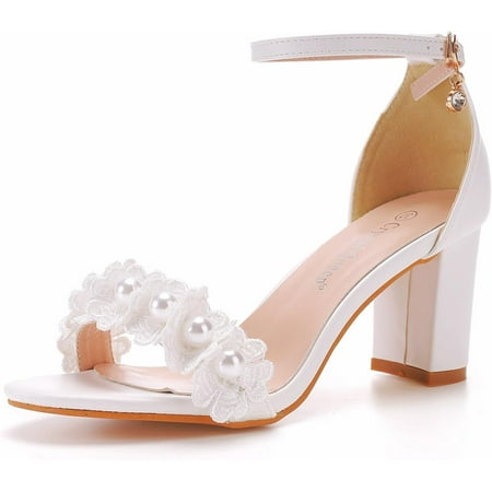 

Women s Wedding Pearl Chunky Heels Sandals for Women Lace Comfy Open Toe Block Heeled Sandals White Bridal Heels for Women
