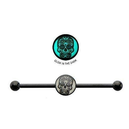 Body Accentz Industrial bar Surgical 14g 1 3/8 8mm Glow In the Dark Sugar Skull Barbell
