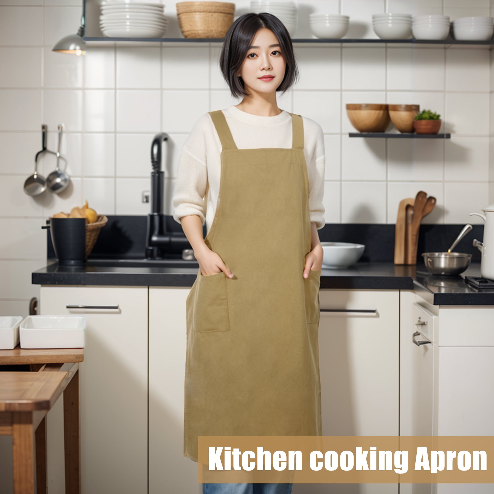 Unique Bargains Cotton Linen Apron Cross Back Apron with Pockets Yellow
