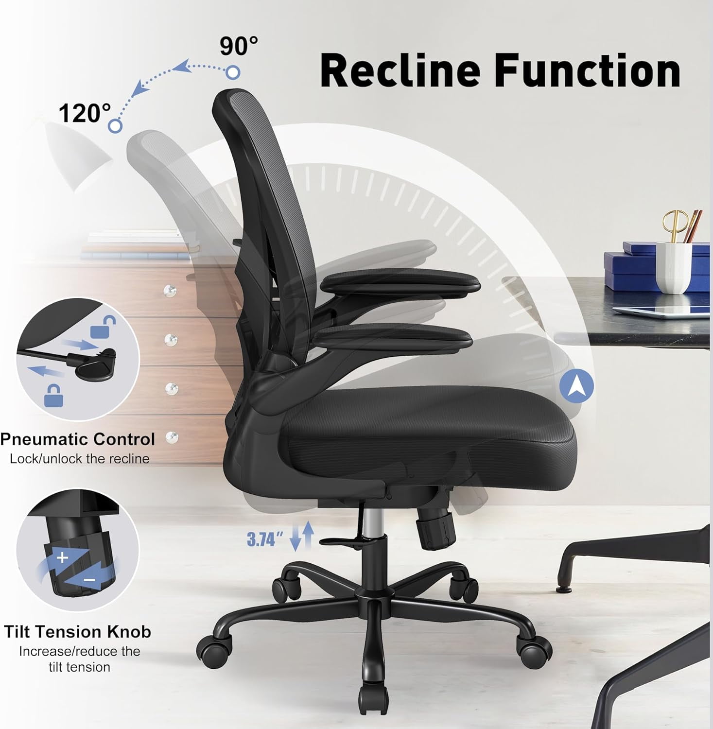 YERAIRR Office Chair, Ergonomic Desk Chair with Lumbar Support and Adjustable Armrests,Breathable Mesh Mid Back Computer Chair, Reclining Task Chair for Home Office, Black