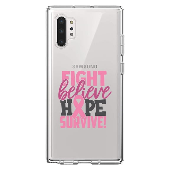 DistinctInk Clear Shockproof Hybrid Case for Galaxy Note 10 PLUS (6.8" Screen) - TPU Bumper Acrylic Back Tempered Glass Screen Protector - Pink Ribbon Cancer - Fight Believe Hope Survive