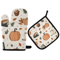 Yayeee Oven Mitts and Pot Holder Set of 2 Heat Resistant Kitchen Gloves Baking Hot Pad, Beige Fall Leaves