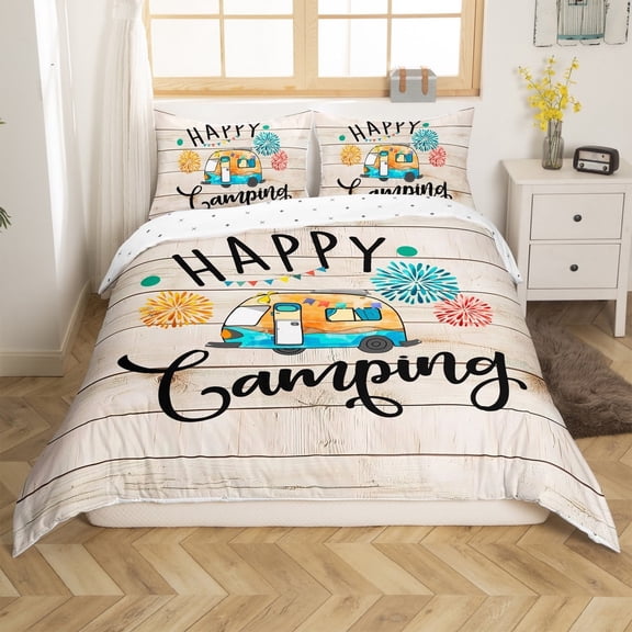 Erosebridal Vintage Camper Comforter Cover Twin,Lodge Cabin Bedding Twin Size,Happy Camping Duvet Cover Twin,Ultra Soft Rustic Bedroom Decorative(No Comforter),Reversible,3pcs