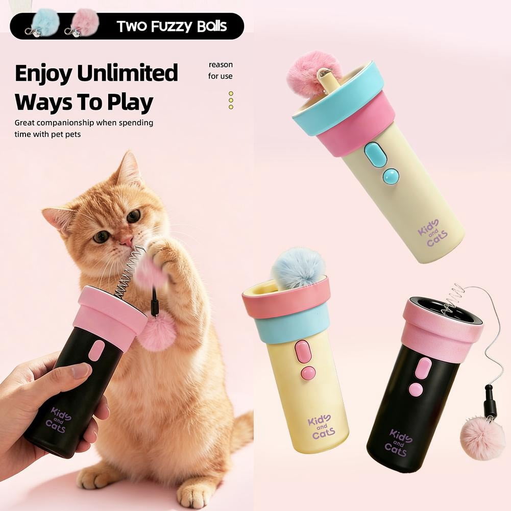 Interactive Electric Cat Teaser Launcher - Automatic Catapult Wand Toy with 2 Replacement Pom-poms, Recyclable One-Click Launch Fishing Pole for Indoor Cats to Relieve Boredom and Hunting Instincts