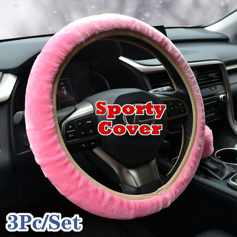 3PCS Car Steering Wheel Cover Plush Fur Fluffy Black Pink
