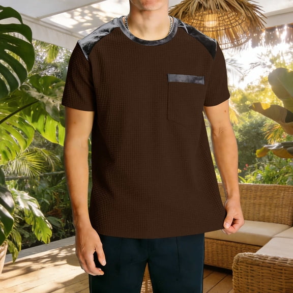 Men's Crew Neck Waffle T-shirt Casual Short Sleeve Shirt with Pocket Patchwork Workwear tees Shirt Summer Lightweight Breathable Tops