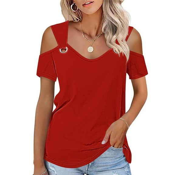 ALLLIST Tops for Women Short Sleeve V-Neck Cold Shoulder Blouses Red Fashion Plain Shirts Ladies Tops