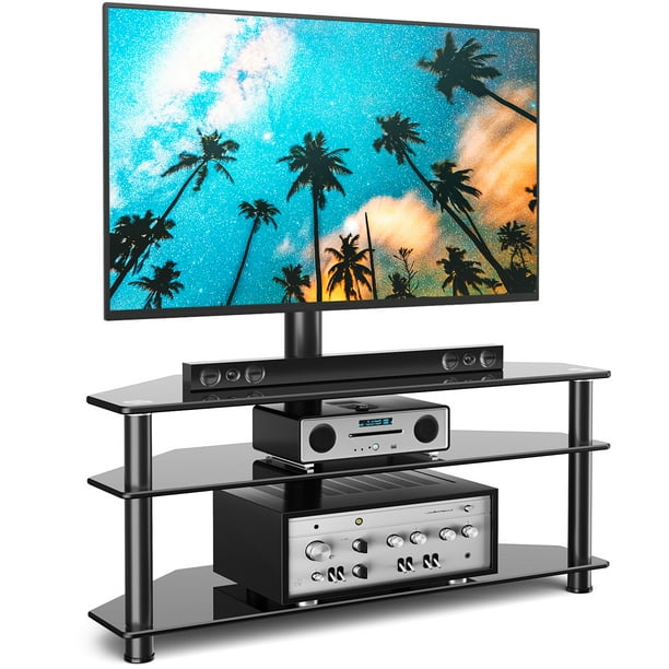 Rfiver Black Modern Floor Glass TV Stand for TVs up to 70 inch, Black