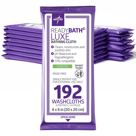 Medline ReadyBath LUXE Adult Bath Wipes, Shower Wipes with Aloe, 8 x 8In, 192 Count