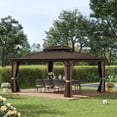 thumbnail image 3 of Outsunny 12' x 16' Hardtop Gazebo with Curtains and Netting, Permanent Pavilion Metal Roof Gazebo Canopy with Aluminum Frame and Hooks, for Garden, Patio, Backyard, Brown 12' x 16' Double Roof Brown, 3 of 10