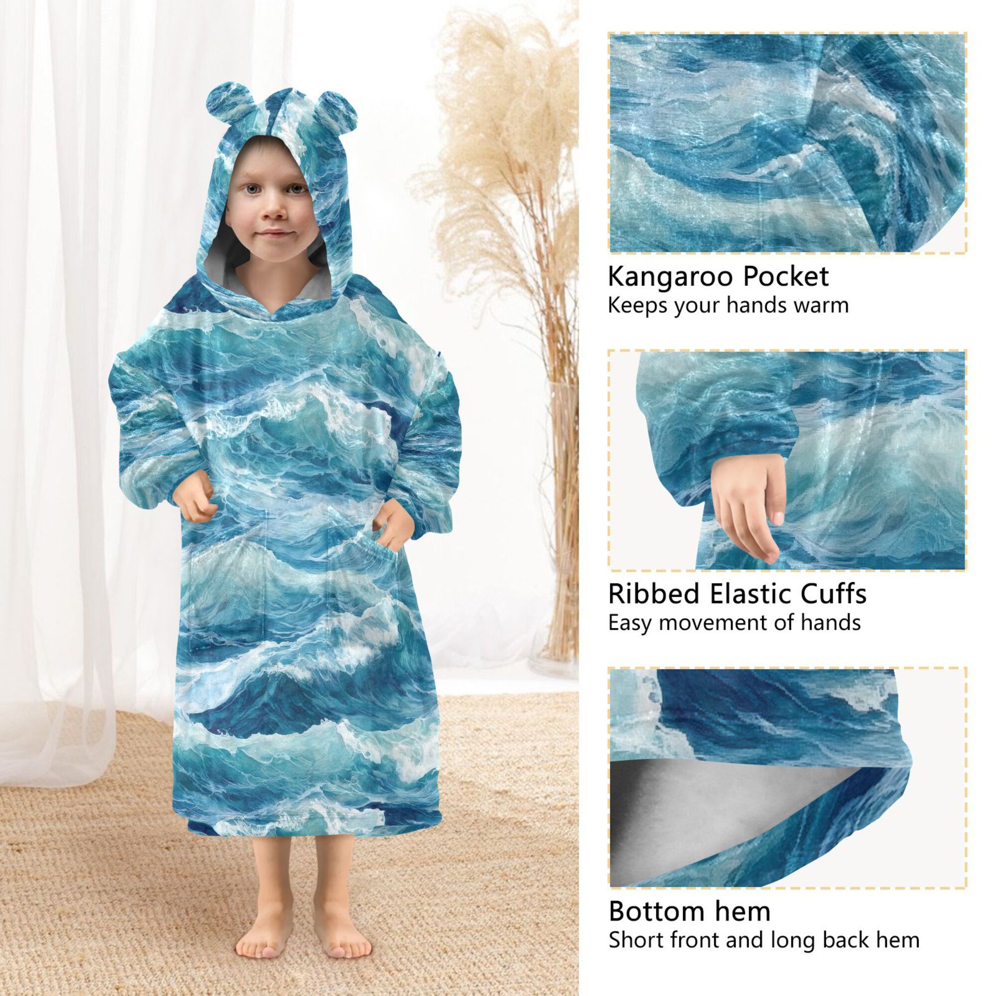 FORMRS Wearable Blanket Hoodie with Sleeves for Kids Cozy Flannel Sweatshirt, Green Watercolor Ocean Waves