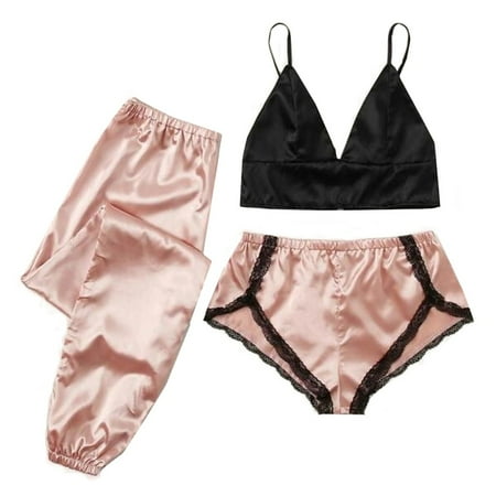 

BIZIZA Pajama Sets for Women Sleeveless V-Neck Cami Crop Top Shorts and Pants Satin 3 Piece Comfortable Solid Color Pink S