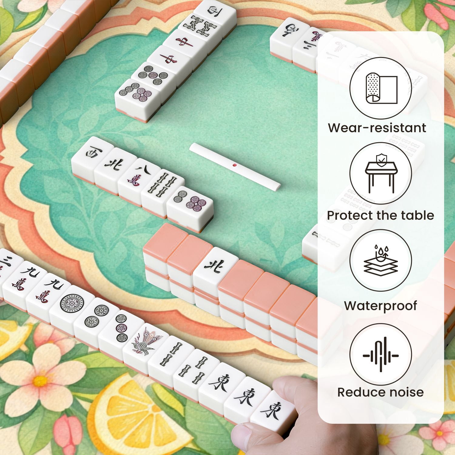 Mahjong Mat 31.5" x 31.5" Lemon Pink Flower Border Green Leaves Ornamental Frame Non-Slip Noise Reduction Mahjong Tiles Table Cover for Dominoes Poker Card Board and Tile Games