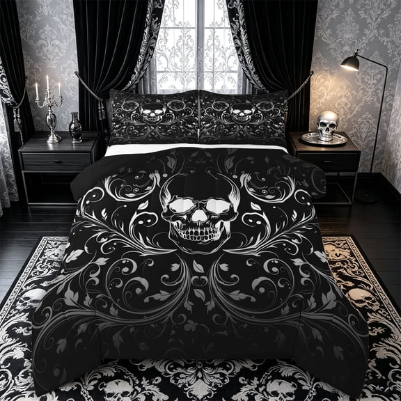 Castle Fairy Abstract Floral Skull Full Size Comforter Sets 3-Piece,Gothic Victorian Flowers Bedding Comforter Set,Black Silvers,1 Comforter and 2 Pillowcases,Black Reversible