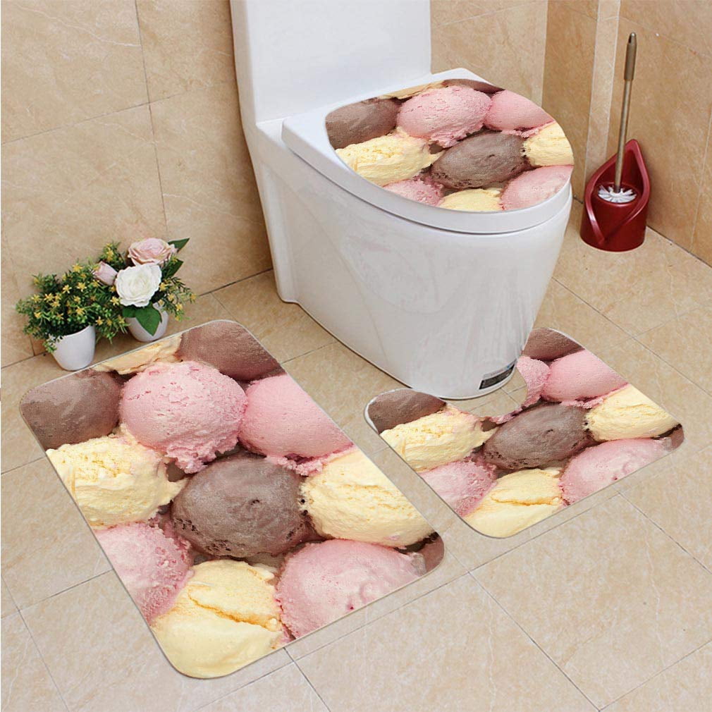 EREHome Ice Cream 3 Piece Bathroom Rugs Set Bath Rug Contour Mat and