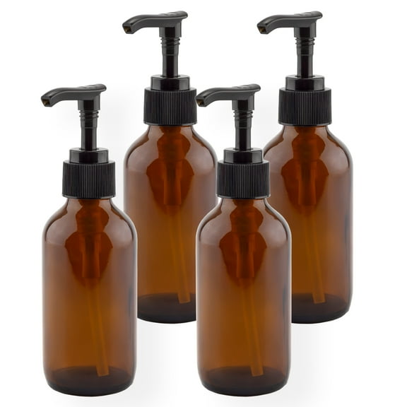 Cornucopia Brands 4oz Amber Glass Pump Bottles (4-Pack); w/ Black Pumps Great for Lotions, Liquid Soap, Aromatherapy and More