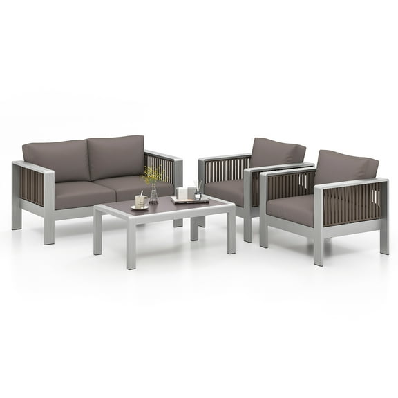 Costway 4 PCS Aluminum Patio Furniture Set with Thick Cushions & Tempered Glass Tabletop