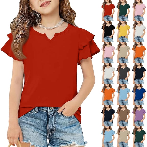 Grblisyd Girls' V-Neck Ruffle Top Casual Cute T Shirts Loose Fit Short Sleeve Tee Tops Beach Vacation Solid Tops Blouses Khaki 6-7Y