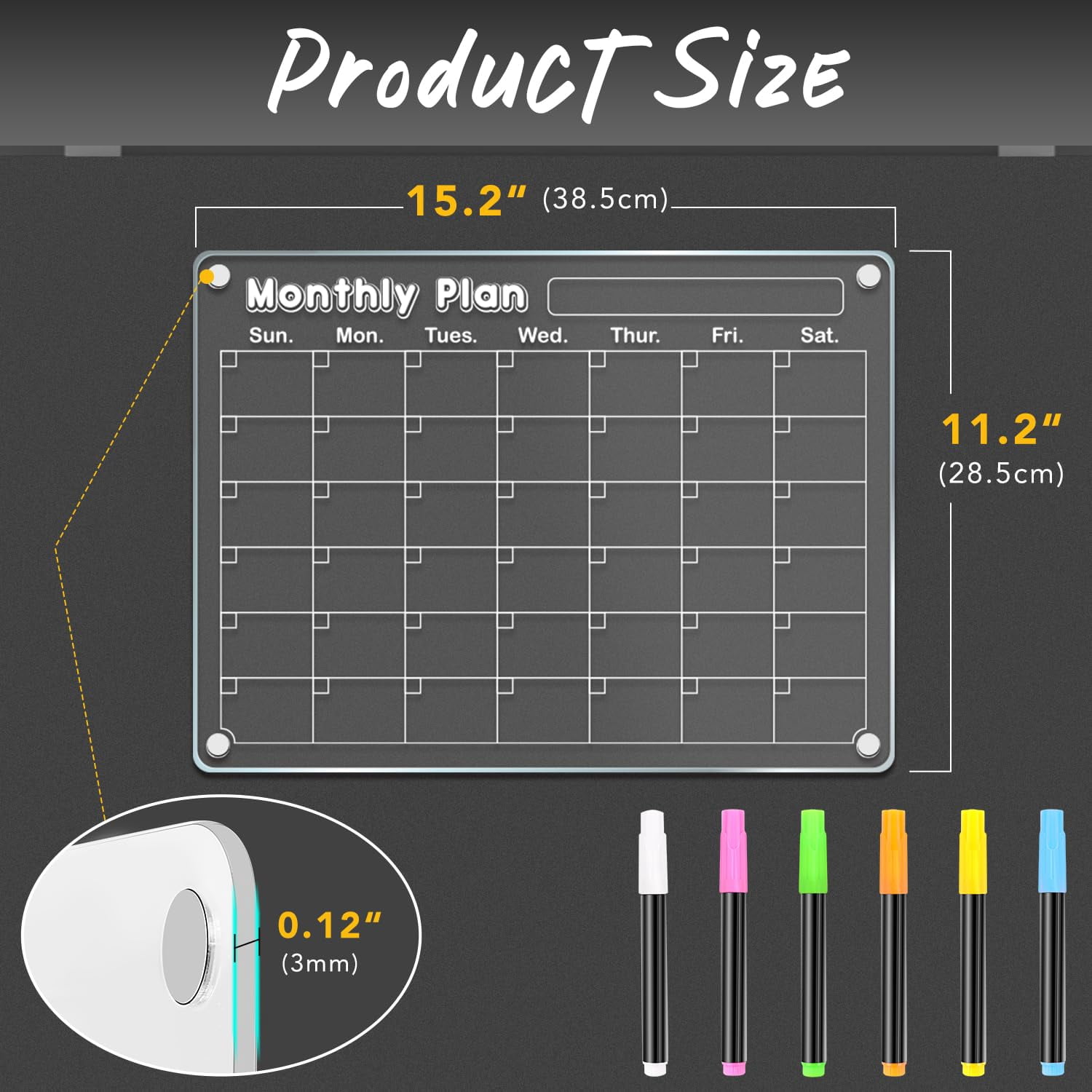 DIYMAG 3 Pack Magnetic Calendar for Refrigerator with 6 Highlights, Acrylic Dry Erase Magnetic Fridge Whiteboard, Planning Board for Fridge Month & Week Planner
