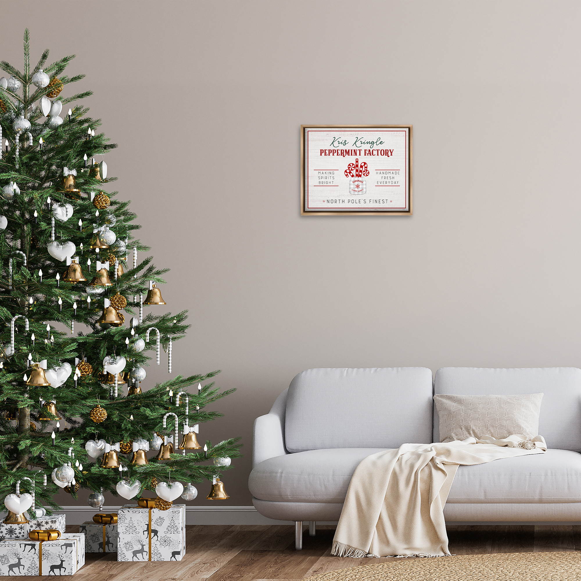 Stupell Industries Holiday Peppermint Factory Holiday Painting Brown Floater Framed Canvas Art Prints Wall Art, 21 x 17