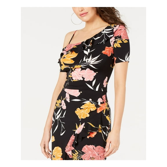 GUESS Womens Black Ruffled Floral Asymmetrical Neckline Top Size: XS