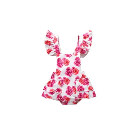 

Gureui Newborn Baby Girls Ruffle Romper Rose Flower Print Flying Sleeve Backless Romper Bodysuit Dress
