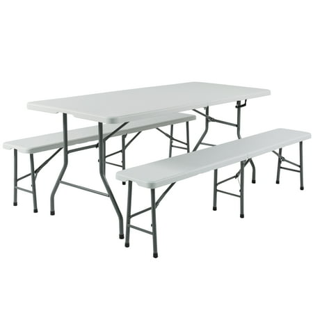 Best Folding Picnic Table Best Choice Products 3-Piece 6ft Portable Folding Weather-Resistant Resin Table and Bench Set Combo w/ Carrying Handles, Rubber Foot Caps for Picnic, Home, Commercial Use - White ()