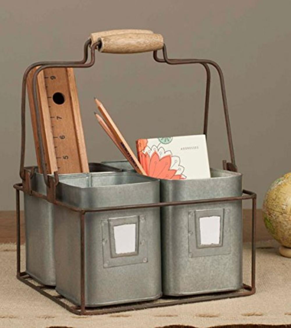Metal Four Tin Organizer with Handles, 9” x 5½”, Galvanized Gray Green  Rust, Handy organizer w/ 4 tin containers and wooden handles. Rust finish.  By Colonial Tin Works - Walmart.com