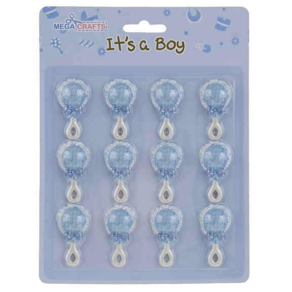 Mega Favors Keepsake Figurine 12 pcs Blue Baby Rattle Poly Resin Embellishments | Awesome Decorations or Party Favors | for Pregnancy Announcements, Gender Reveals, Birthday and Special Celebrations