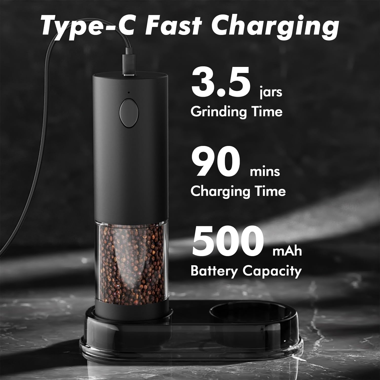 Electric Salt and Pepper Grinder Set USB Rechargeable Automatic Mills with LED Light Large Capacity Adjustable Coarseness One-Hand Operation Stable Base