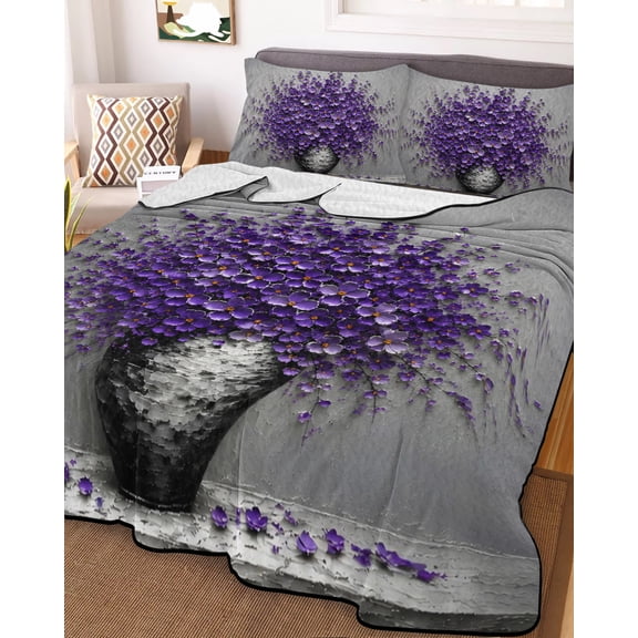 King Quilt Bedding Set, Boho Floral Modern Farmhouse Lightweight Coverlet Summer Comforter Set Soft Microfiber Bedspread, Watercolor Purple Flower 3 Piece Quilt Set with 2 Pillow Shams