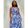 thumbnail image 4 of Blue Abstract Print Halter Neck Tie Waist A-Line Maxi Dress For Women, 4 of 8