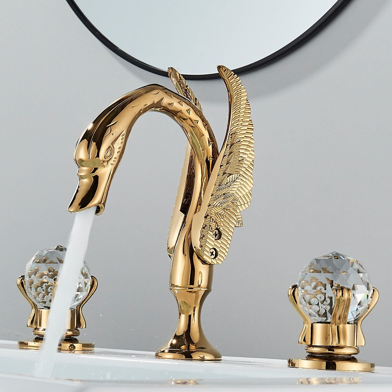 Zovajonia Gold Bathroom Sink Faucet 3 Hole Vanity Basin 8 Inch High Arc Swan Mixer Faucet  Widespread Waterfall Tub Faucet