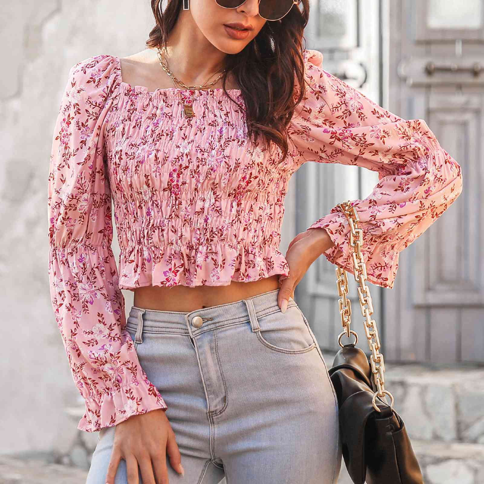 Spring Blouse Women Top High Waist Square Neck Exposed Navel For Office Pink Yellow Blue Walmart